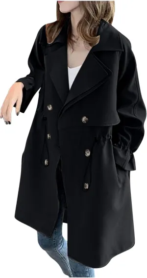 Trench Coat Women Double Breasted Notched Lapel Collar Pea Coat Fall Light Thin Long Overcoat Drawstring Waist Peacoat