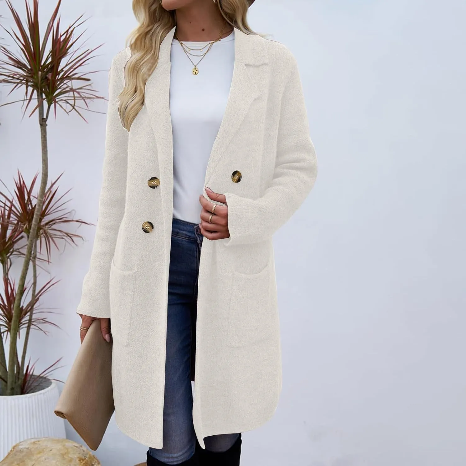 Trench Coat Women Mid Length Wool Coat Button Down Open Front Cardigan Elegant Coat Lapel Peacoat Fall Winter Jacket