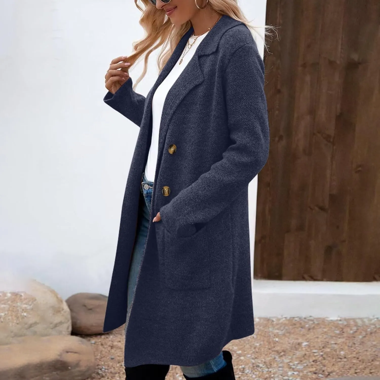 Trench Coat Women Mid Length Wool Coat Button Down Open Front Cardigan Elegant Coat Lapel Peacoat Fall Winter Jacket