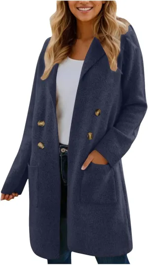 Trench Coat Women Mid Length Wool Coat Button Down Open Front Cardigan Elegant Coat Lapel Peacoat Fall Winter Jacket