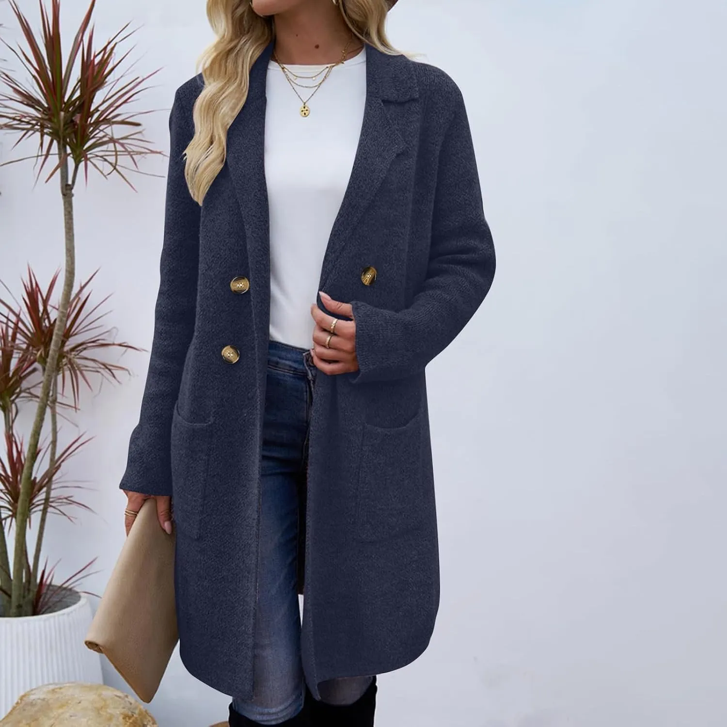 Trench Coat Women Mid Length Wool Coat Button Down Open Front Cardigan Elegant Coat Lapel Peacoat Fall Winter Jacket