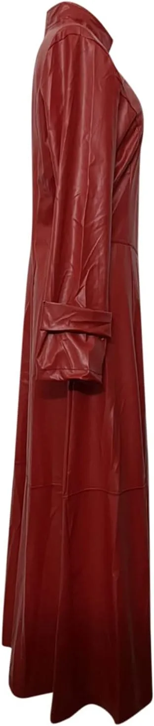tuduoms Women's Sexy Leather Jacket Coat Classic Long Trench Coat Trendy Slim Shiny Motocycle Jacket Outwear Overcoats