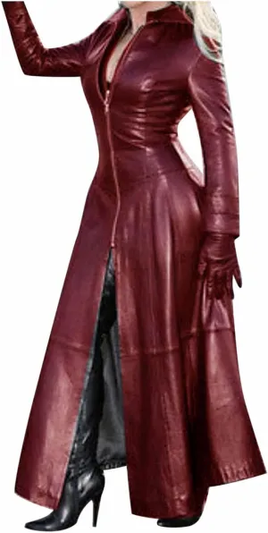 tuduoms Women's Sexy Leather Jacket Coat Classic Long Trench Coat Trendy Slim Shiny Motocycle Jacket Outwear Overcoats