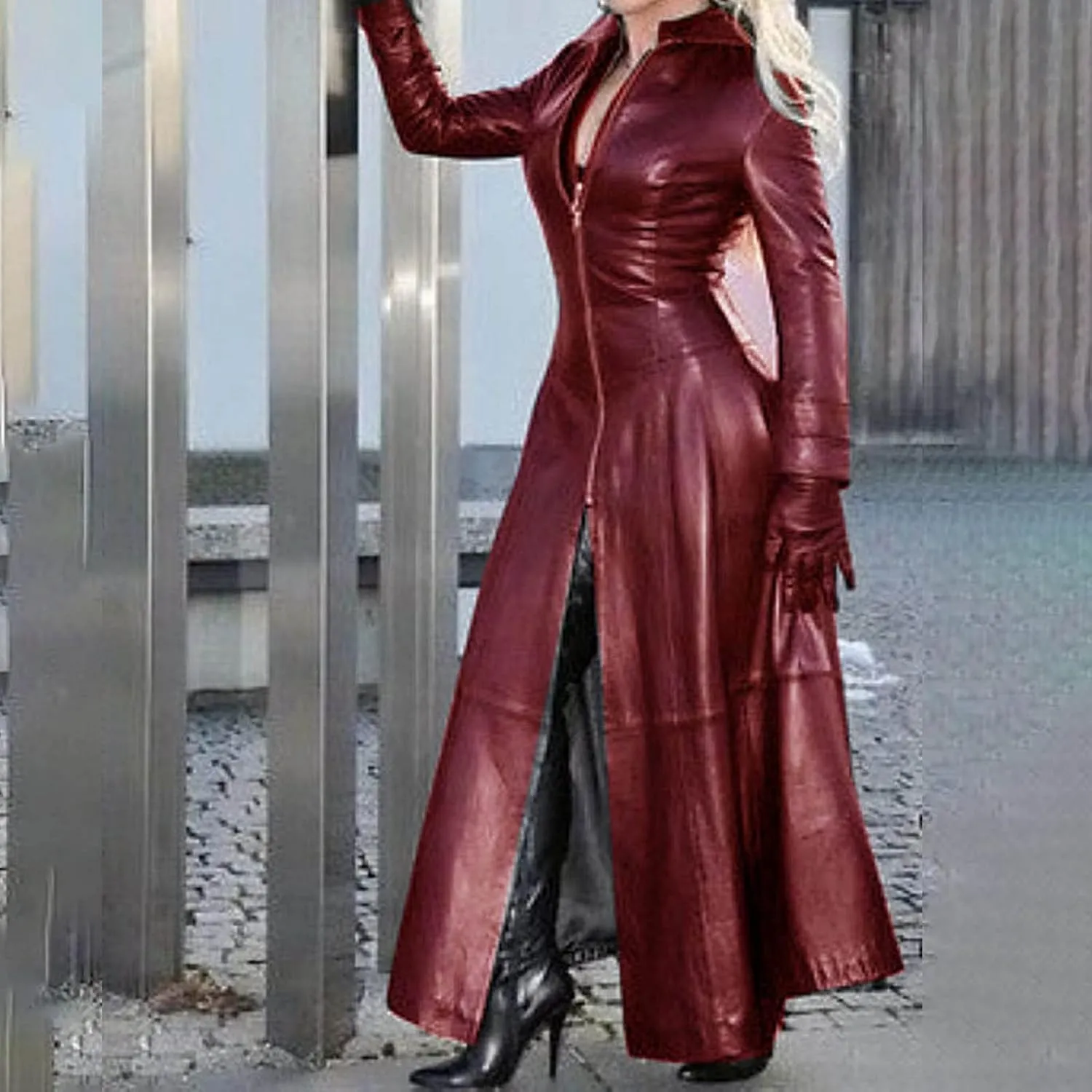 tuduoms Women's Sexy Leather Jacket Coat Classic Long Trench Coat Trendy Slim Shiny Motocycle Jacket Outwear Overcoats