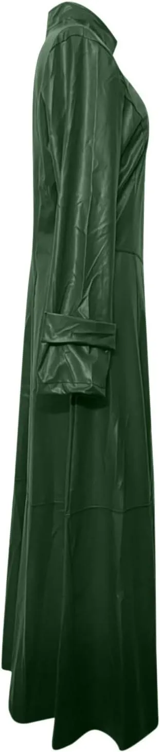 tuduoms Women's Sexy Leather Jacket Coat Zip Up Maxi Long Trench Coat Trendy Slim Shiny Motocycle Jacket Outwear Overcoats