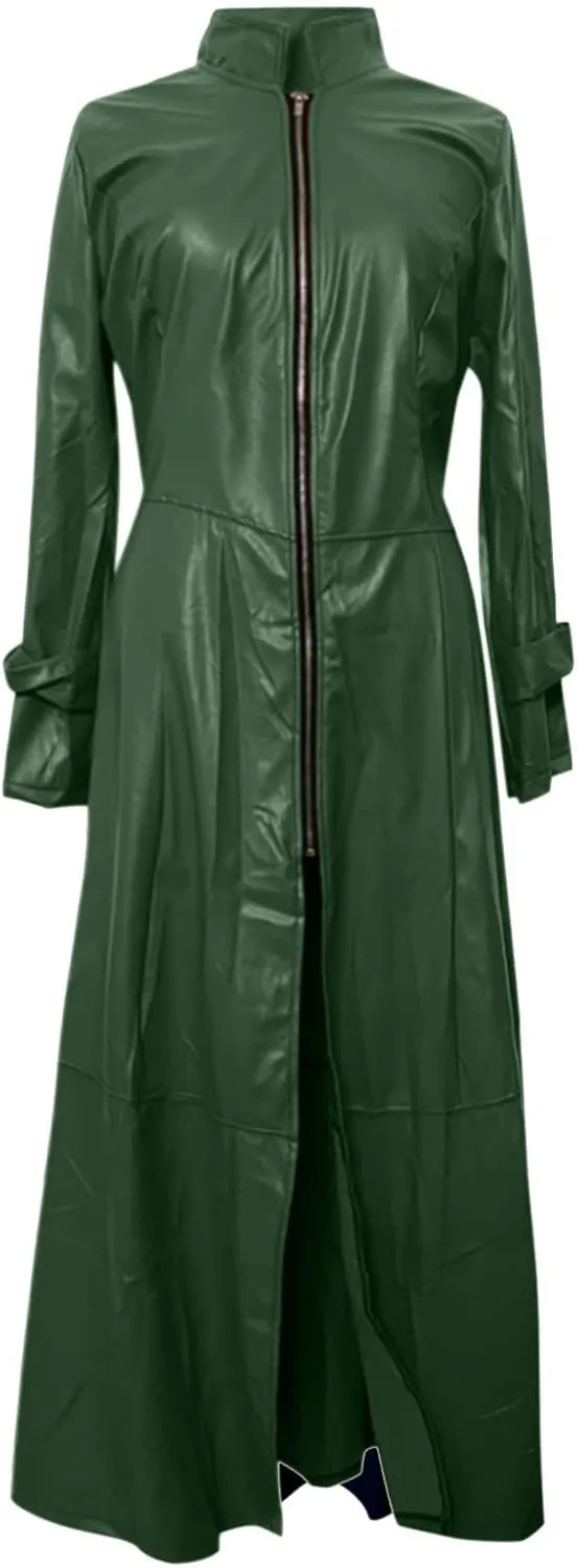 tuduoms Women's Sexy Leather Jacket Coat Zip Up Maxi Long Trench Coat Trendy Slim Shiny Motocycle Jacket Outwear Overcoats