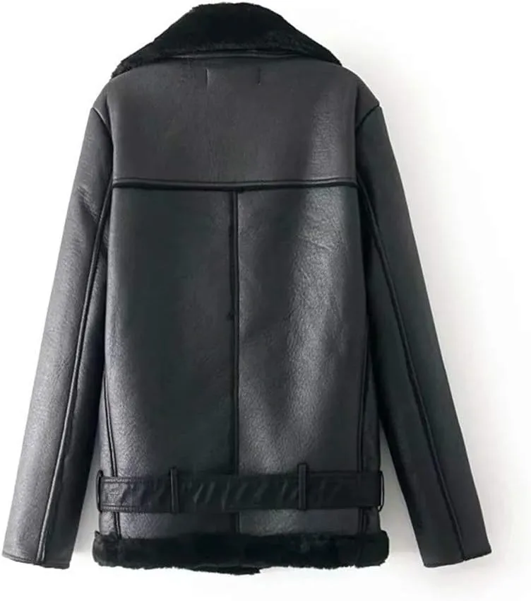 tuduoms Women's Sherpa Lined Leather Jacket Faux Shearling Motorcycle Jacket Lapel Belted Short Coat Jackets for Warm Winter