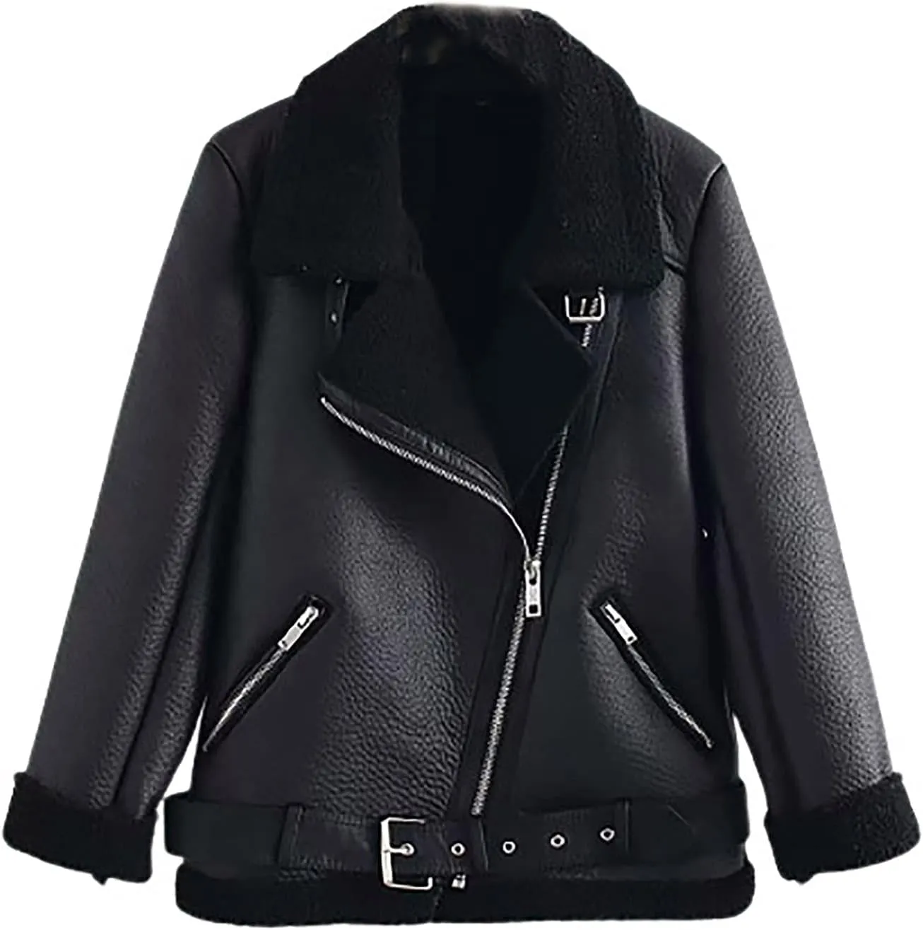tuduoms Women's Sherpa Lined Leather Jacket Faux Shearling Motorcycle Jacket Lapel Belted Short Coat Jackets for Warm Winter