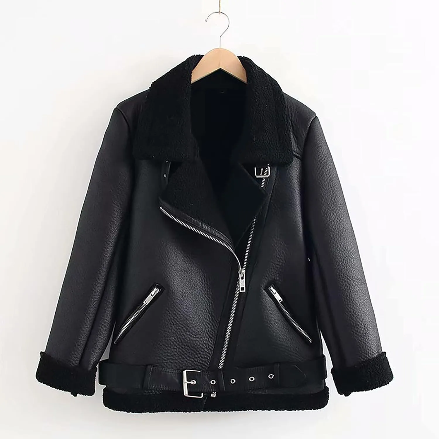 tuduoms Women's Sherpa Lined Leather Jacket Faux Shearling Motorcycle Jacket Lapel Belted Short Coat Jackets for Warm Winter
