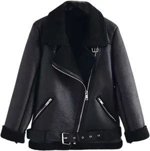 tuduoms Women's Sherpa Lined Leather Jacket Faux Shearling Motorcycle Jacket Lapel Belted Short Coat Jackets for Warm Winter