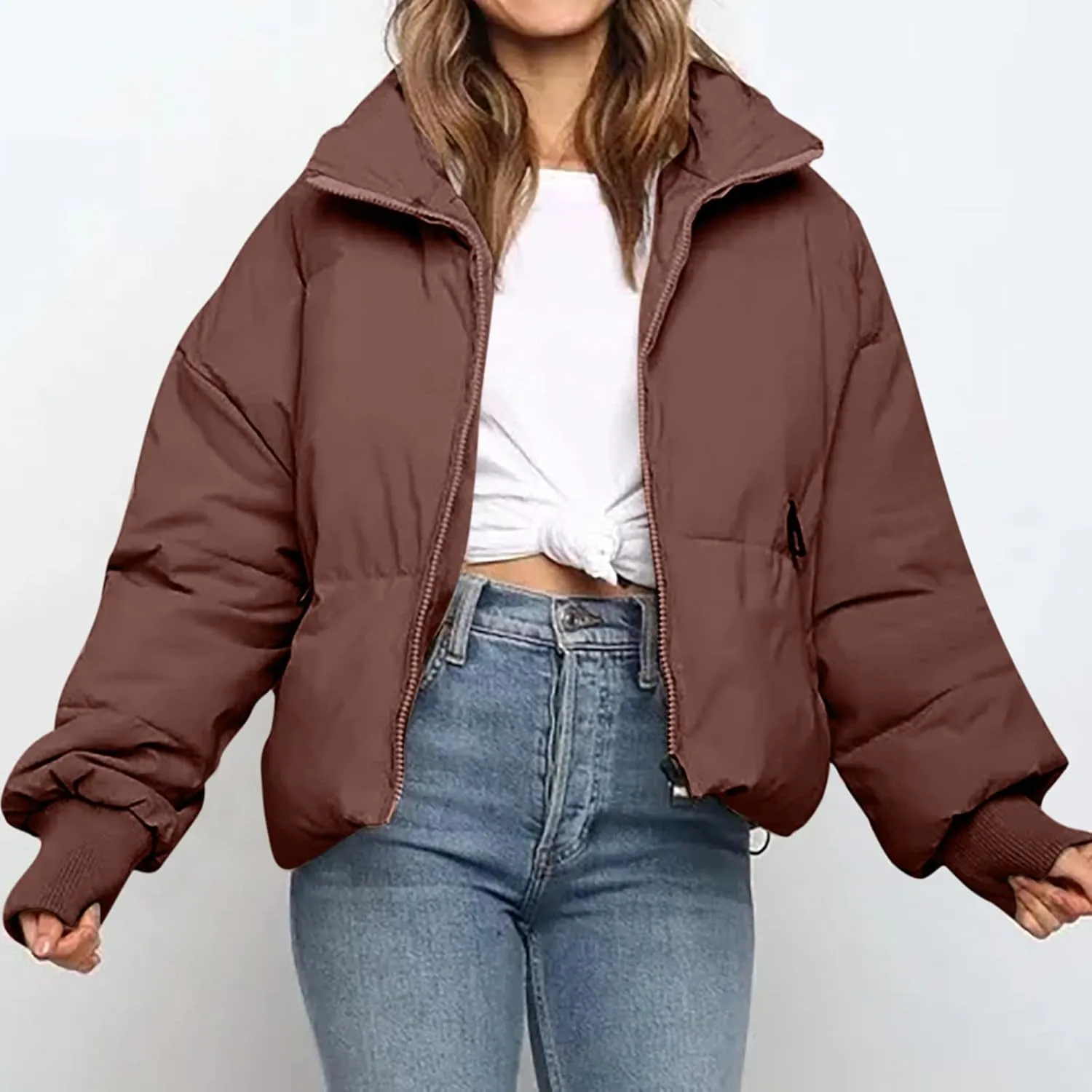 tuduoms Womens Winter Jackets Baggy Puffer Short Jacket Full Zip Cropped Down Coat Teen Girls Light Quilted Parka Outwear