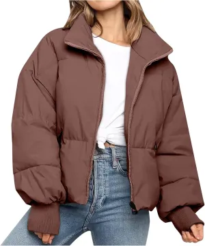 tuduoms Womens Winter Jackets Baggy Puffer Short Jacket Full Zip Cropped Down Coat Teen Girls Light Quilted Parka Outwear