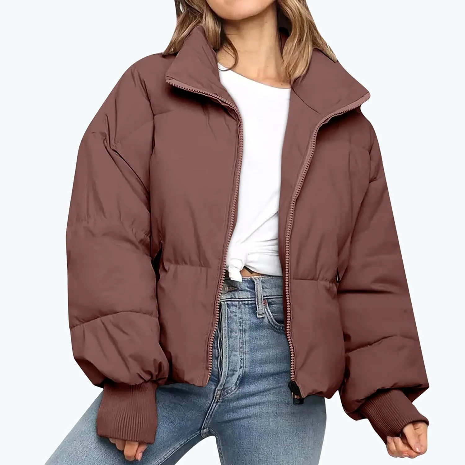 tuduoms Womens Winter Jackets Baggy Puffer Short Jacket Full Zip Cropped Down Coat Teen Girls Light Quilted Parka Outwear