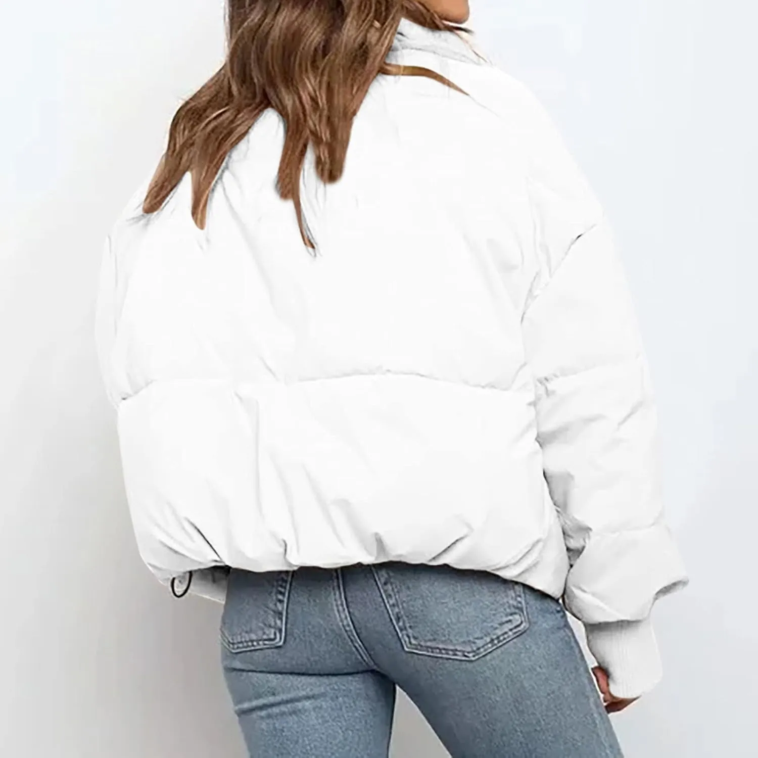 tuduoms Womens Winter Jackets Baggy Puffer Short Jacket Full Zipper Cropped Down Coat Teen Girls Light Quilted Parka Outwear