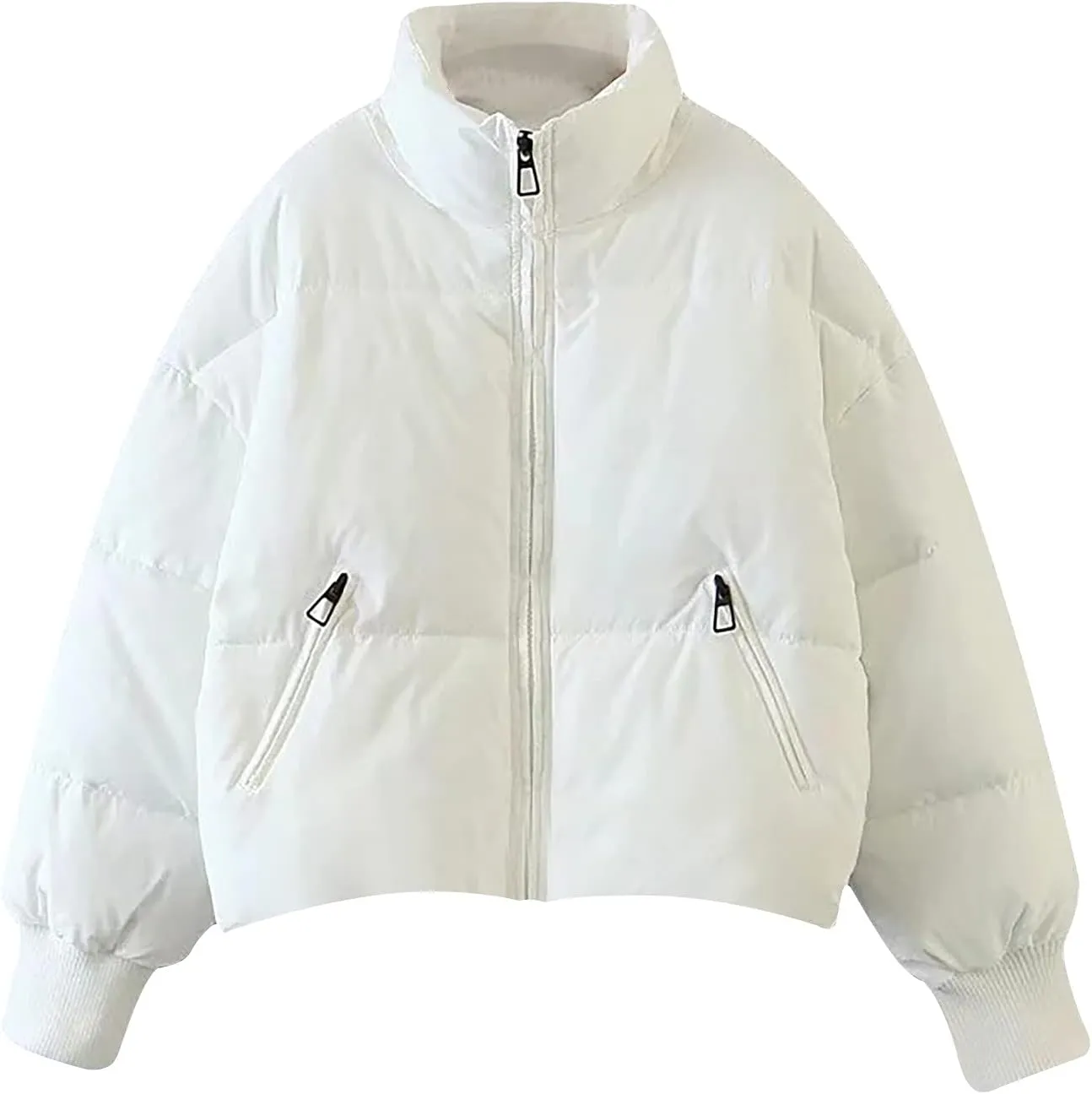 tuduoms Womens Winter Jackets Baggy Puffer Short Jacket Full Zipper Cropped Down Coat Teen Girls Light Quilted Parka Outwear