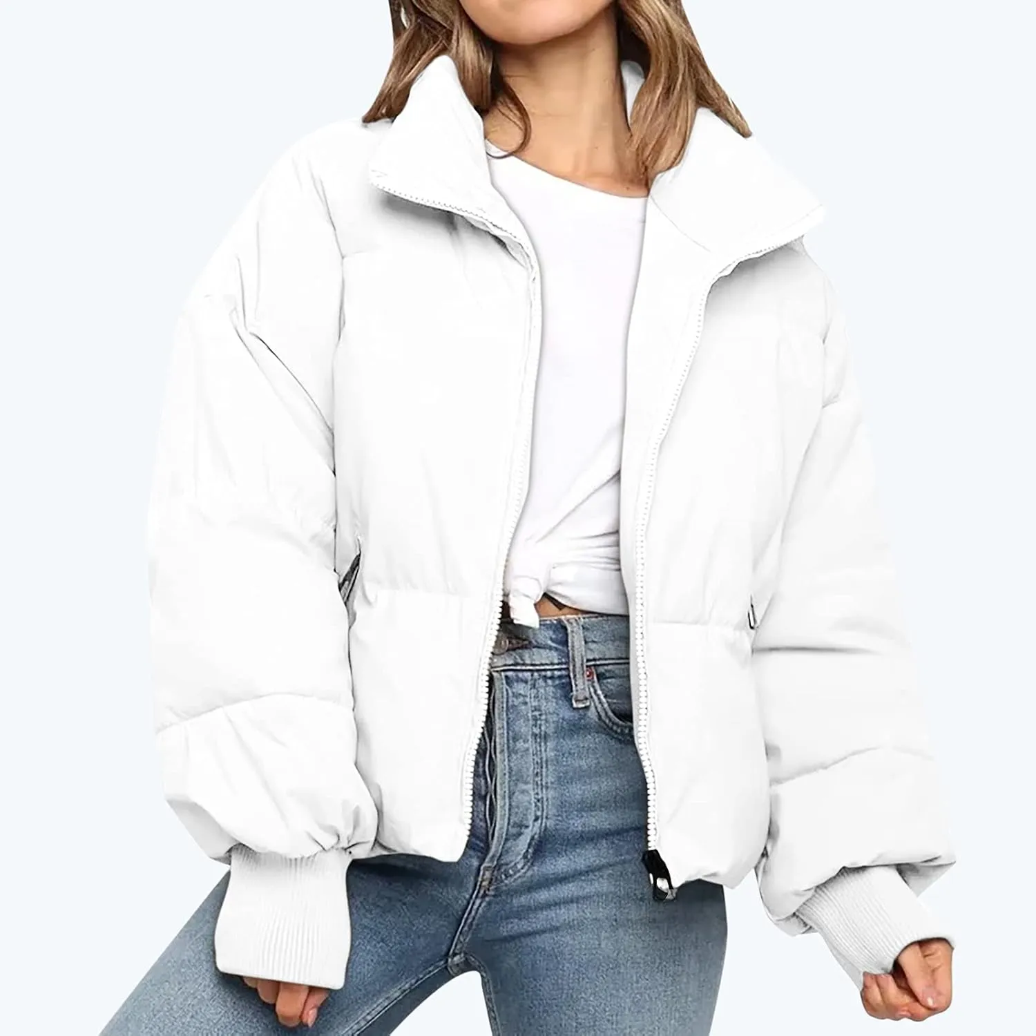 tuduoms Womens Winter Jackets Baggy Puffer Short Jacket Full Zipper Cropped Down Coat Teen Girls Light Quilted Parka Outwear
