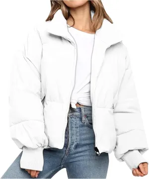 tuduoms Womens Winter Jackets Baggy Puffer Short Jacket Full Zipper Cropped Down Coat Teen Girls Light Quilted Parka Outwear