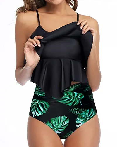 Tummy Control Ruched High Waisted Bikini Sets For Teen Girls-Black Leaf