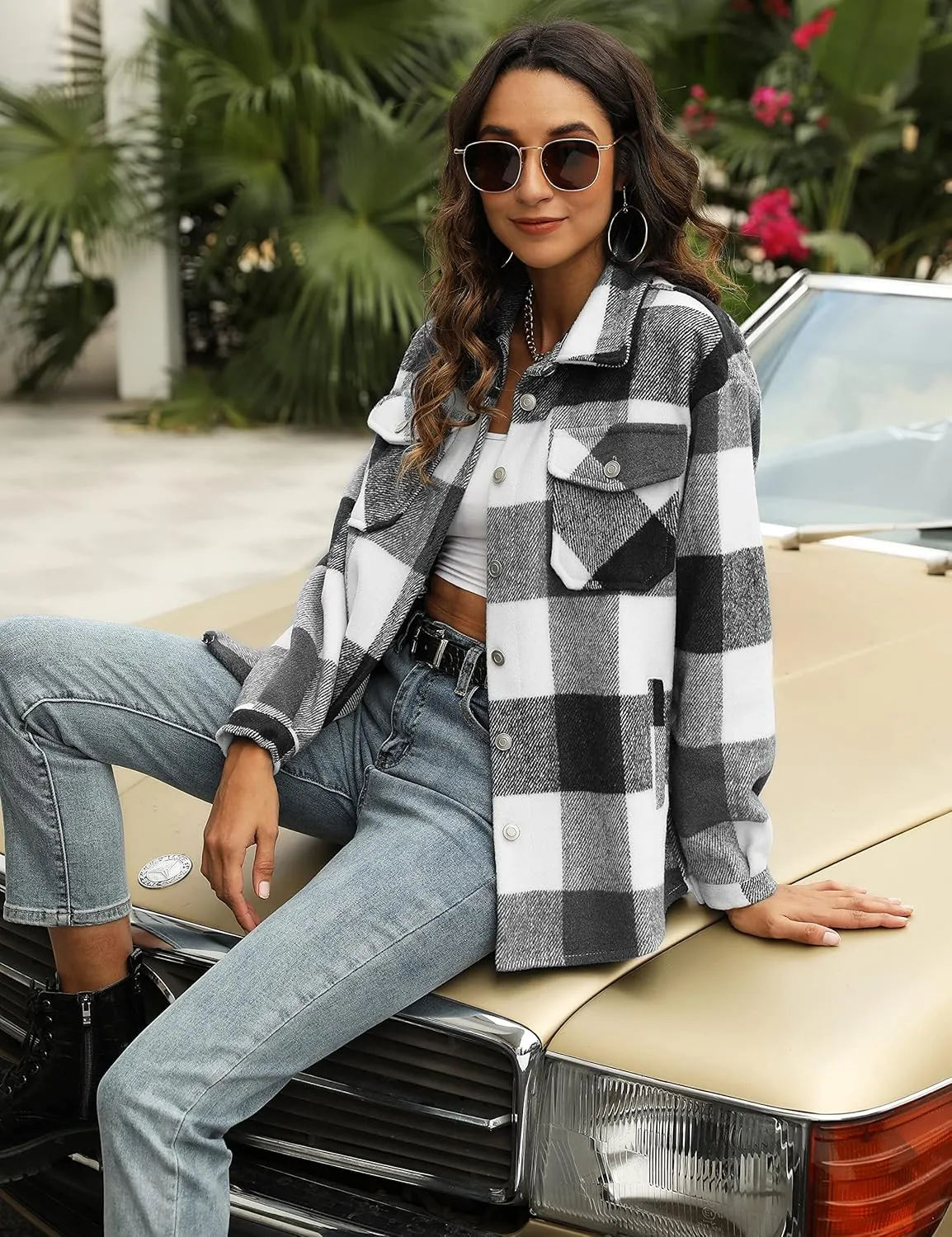 UANEO Womens Plaid Shacket Button Down Wool Blend Fall Flannel Shirt Jacket