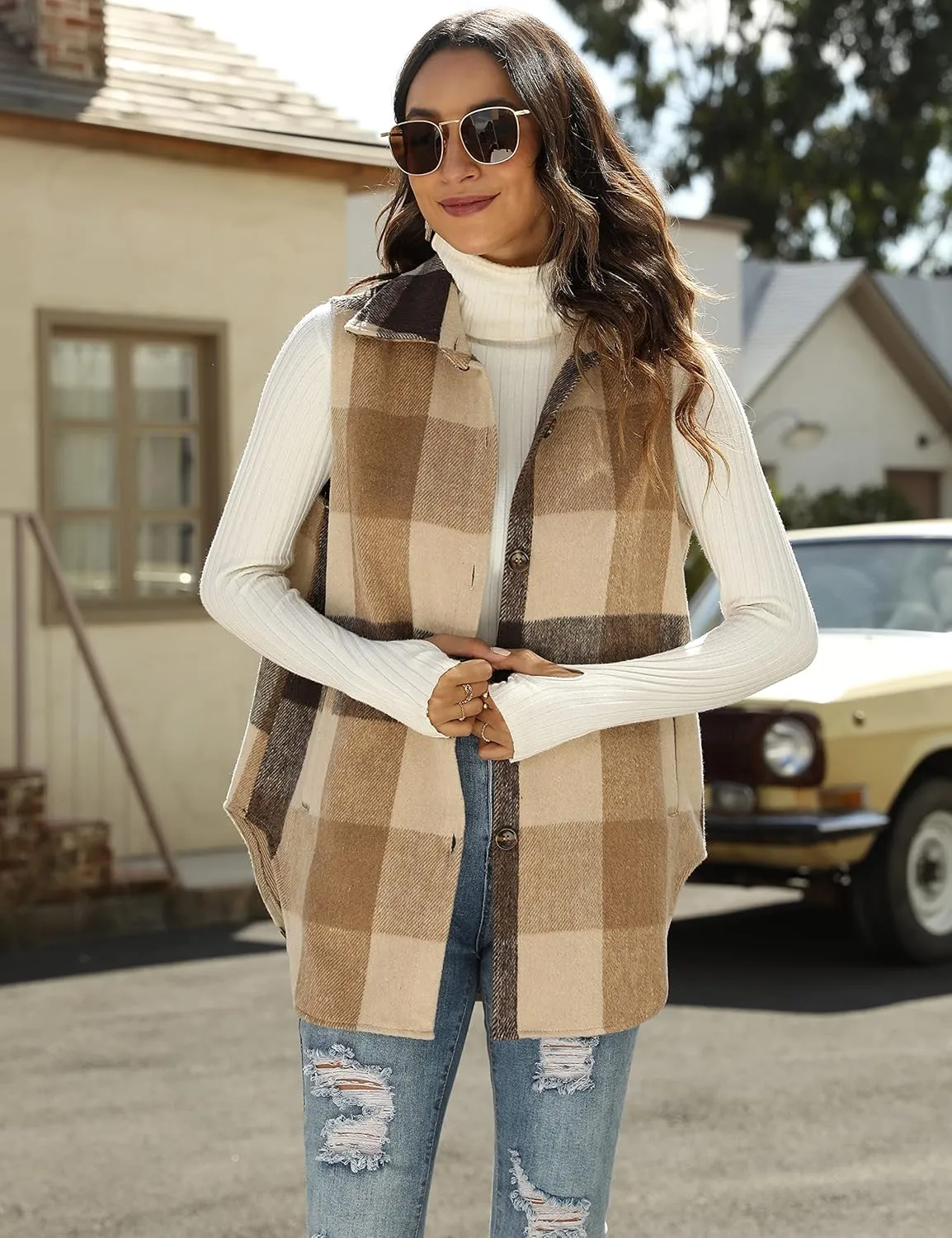 UANEO Womens Plaid Shacket Button Down Wool Blend Fall Flannel Shirt Jacket