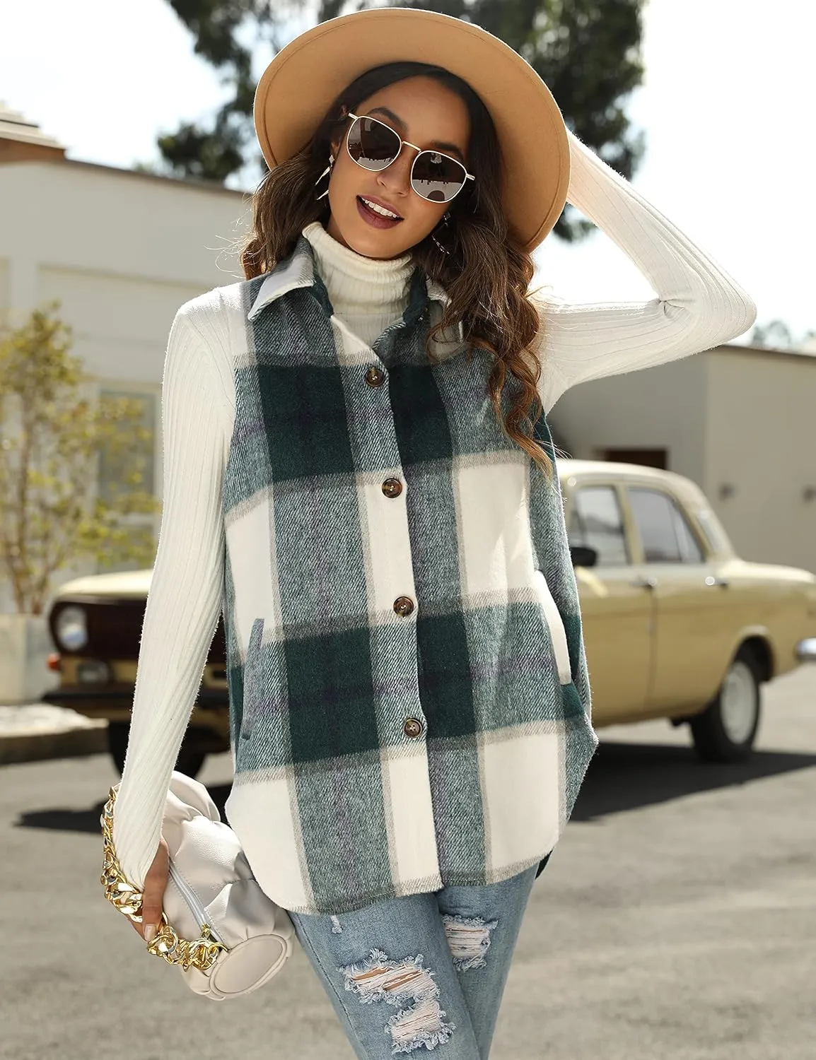 UANEO Womens Plaid Shacket Button Down Wool Blend Fall Flannel Shirt Jacket