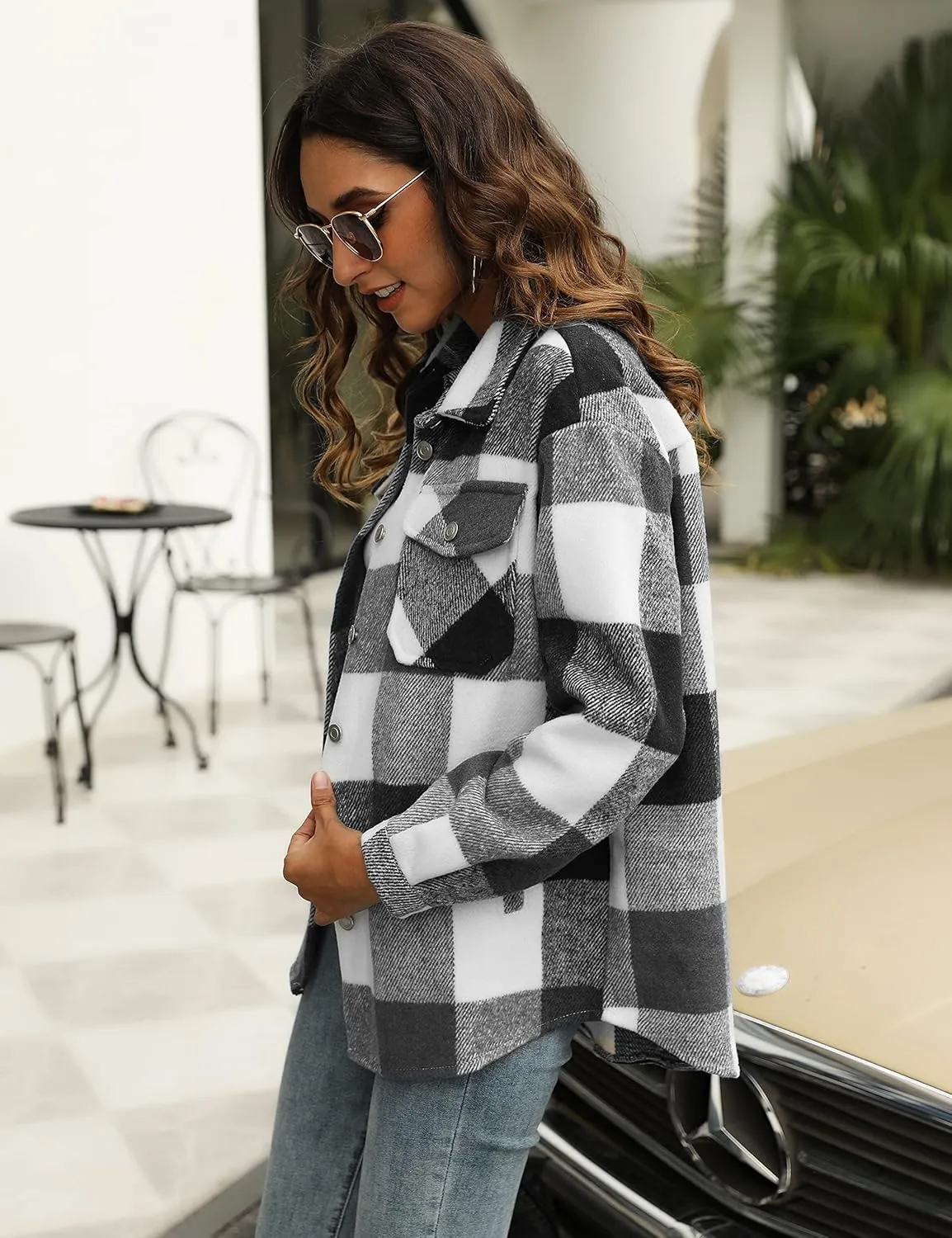 UANEO Womens Plaid Shacket Button Down Wool Blend Fall Flannel Shirt Jacket
