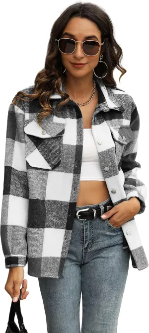 UANEO Womens Plaid Shacket Button Down Wool Blend Fall Flannel Shirt Jacket
