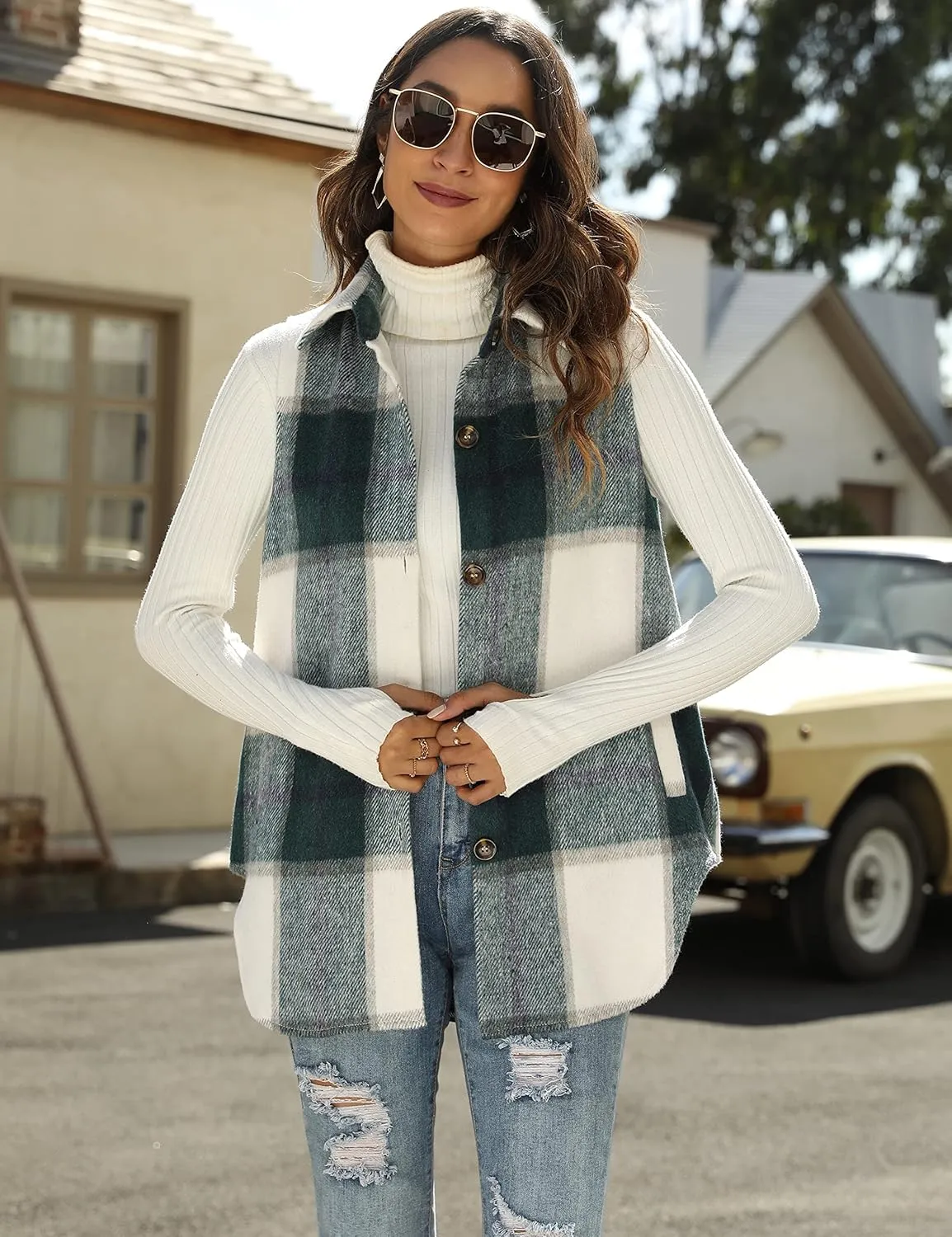 UANEO Womens Plaid Shacket Button Down Wool Blend Fall Flannel Shirt Jacket