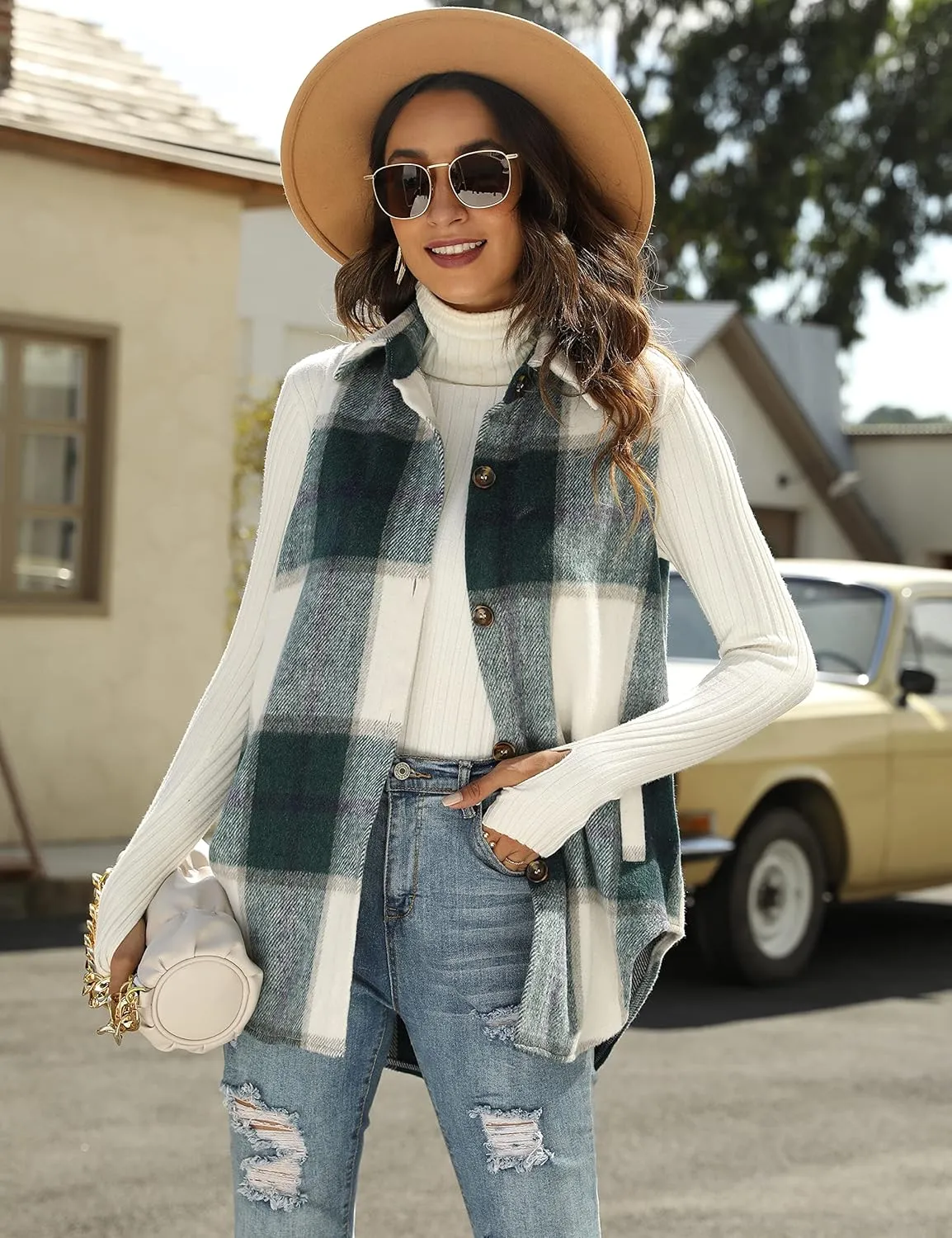 UANEO Womens Plaid Shacket Button Down Wool Blend Fall Flannel Shirt Jacket