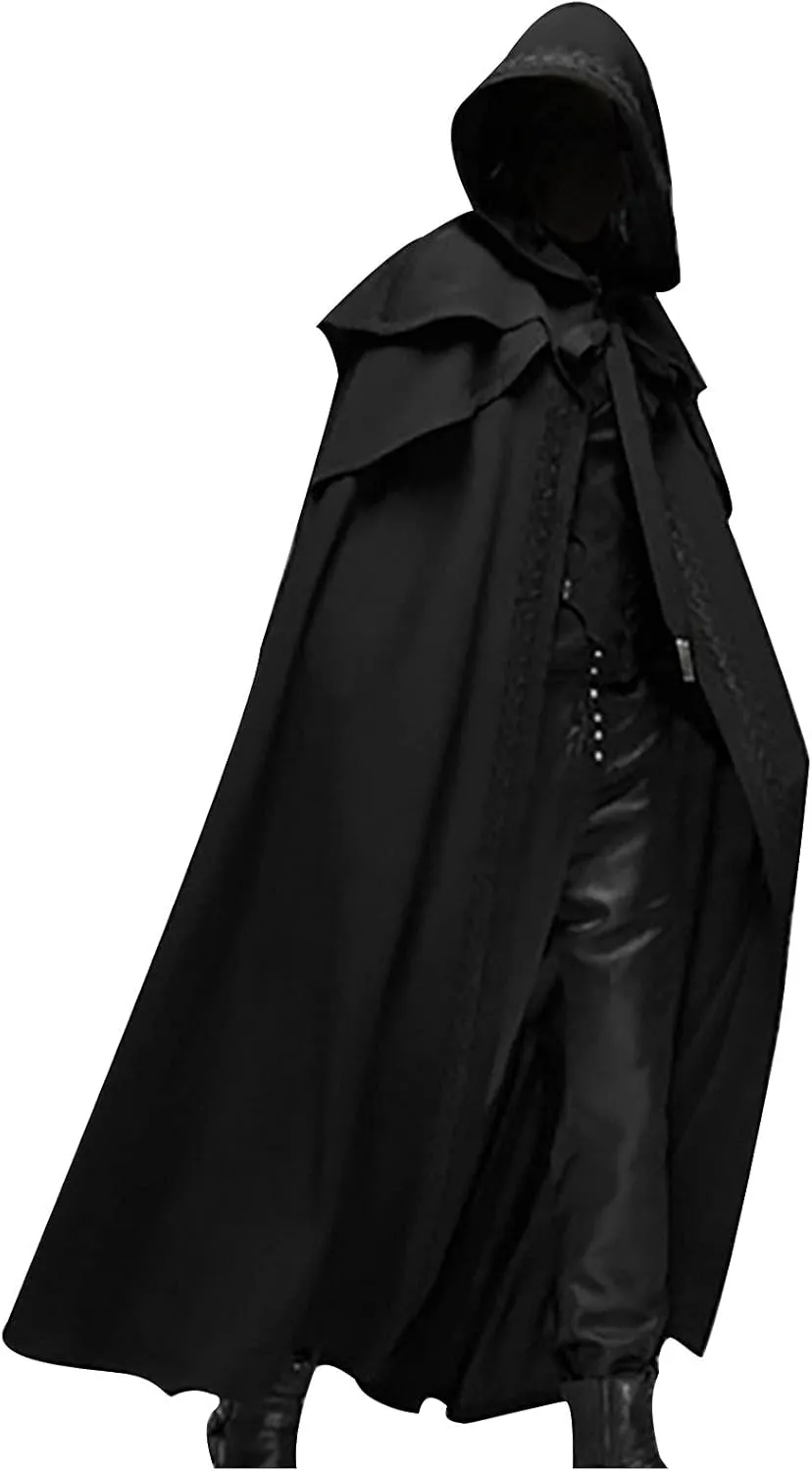 Unisex Adults Hooded Cloak Black Robe Halloween Cosplay Costumes Renaissance Faire Costume Medieval Long Cape