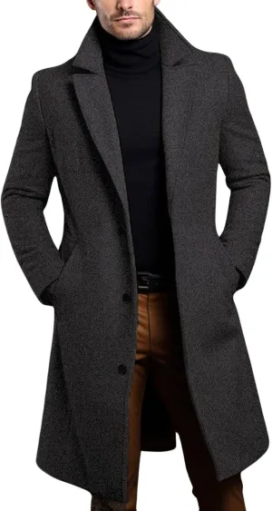 utcoco Men's Chunky Wool Blend Coat Notch Single Breasted Pea Coat Trench Overcoat