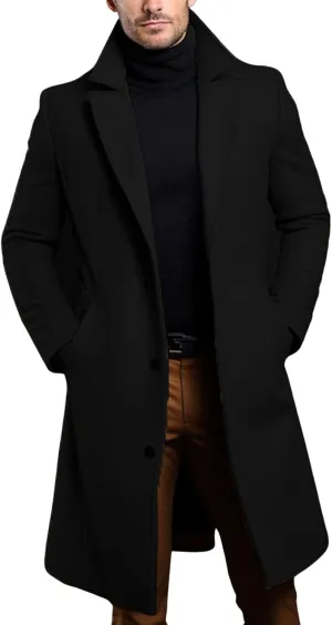 utcoco Men's Chunky Wool Blend Coat Notch Single Breasted Pea Coat Trench Overcoat