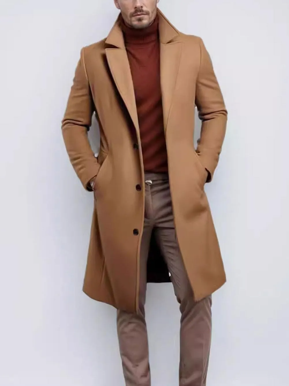 utcoco Men's Chunky Wool Blend Coat Notch Single Breasted Pea Coat Trench Overcoat