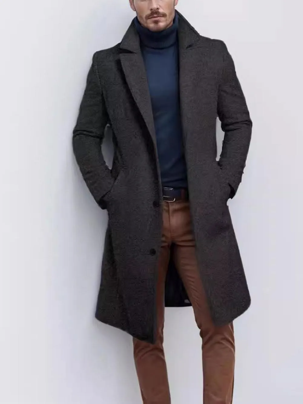 utcoco Men's Chunky Wool Blend Coat Notch Single Breasted Pea Coat Trench Overcoat