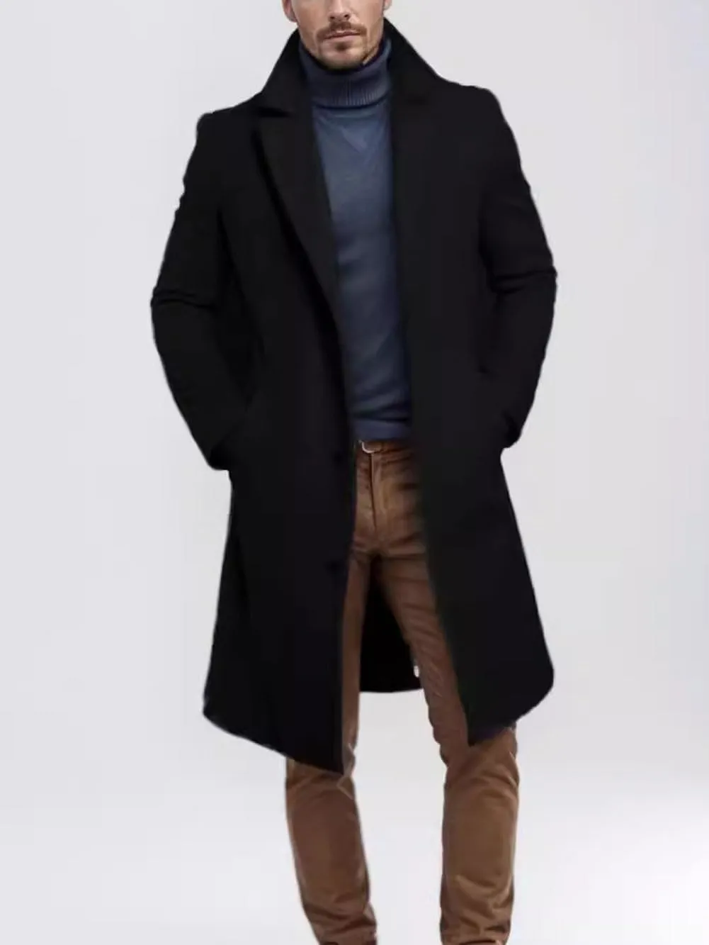 utcoco Men's Chunky Wool Blend Coat Notch Single Breasted Pea Coat Trench Overcoat