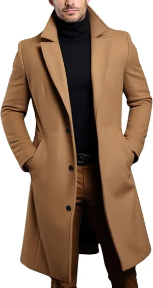 utcoco Men's Chunky Wool Blend Coat Notch Single Breasted Pea Coat Trench Overcoat