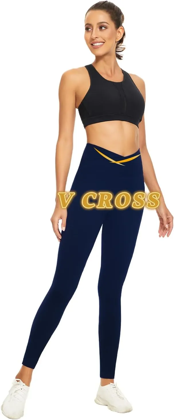 V Cross Waist Leggings for Women-Tummy Control Workout Soft Running High Waisted Non See Through Yoga Pants