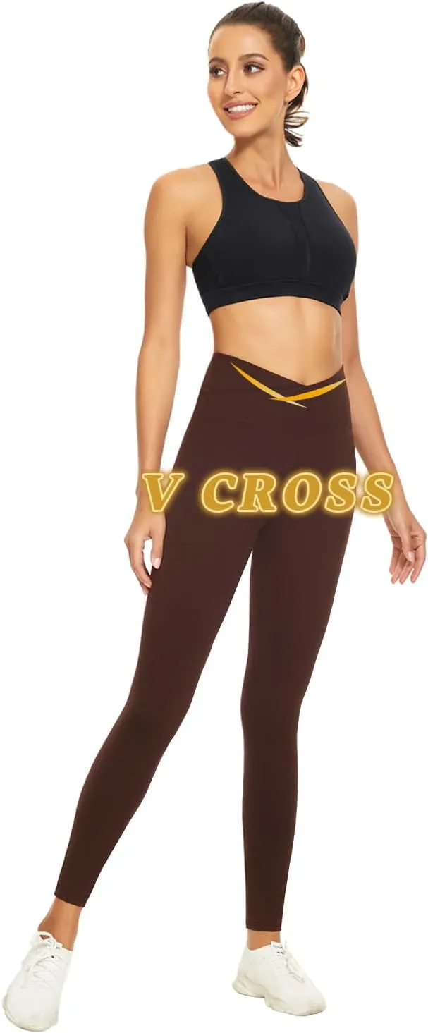 V Cross Waist Leggings for Women-Tummy Control Workout Soft Running High Waisted Non See Through Yoga Pants