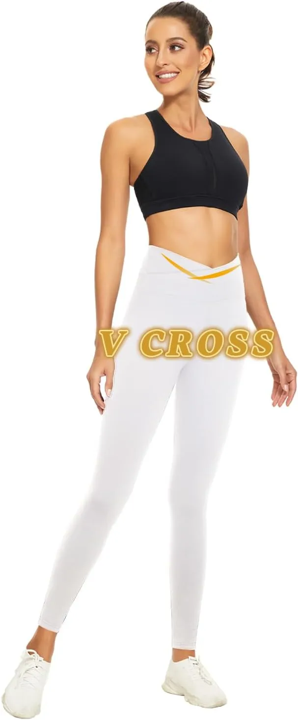 V Cross Waist Leggings for Women-Tummy Control Workout Soft Running High Waisted Non See Through Yoga Pants