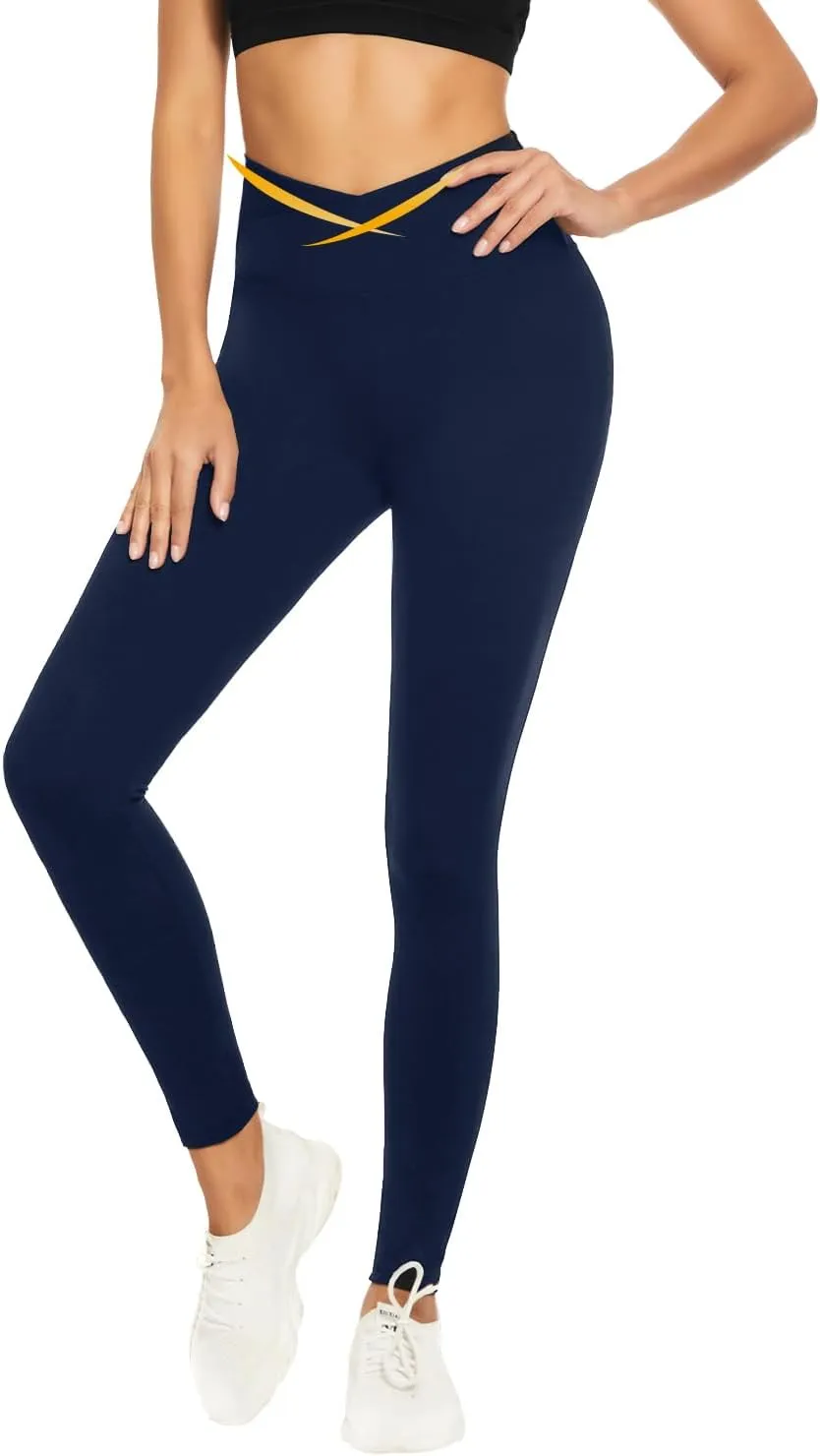 V Cross Waist Leggings for Women-Tummy Control Workout Soft Running High Waisted Non See Through Yoga Pants