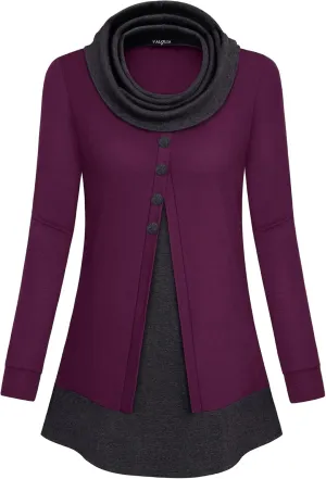 VALOLIA Womens Cowl Neck Long Sleeve Tunic Tops Button Casual Loose Shirts
