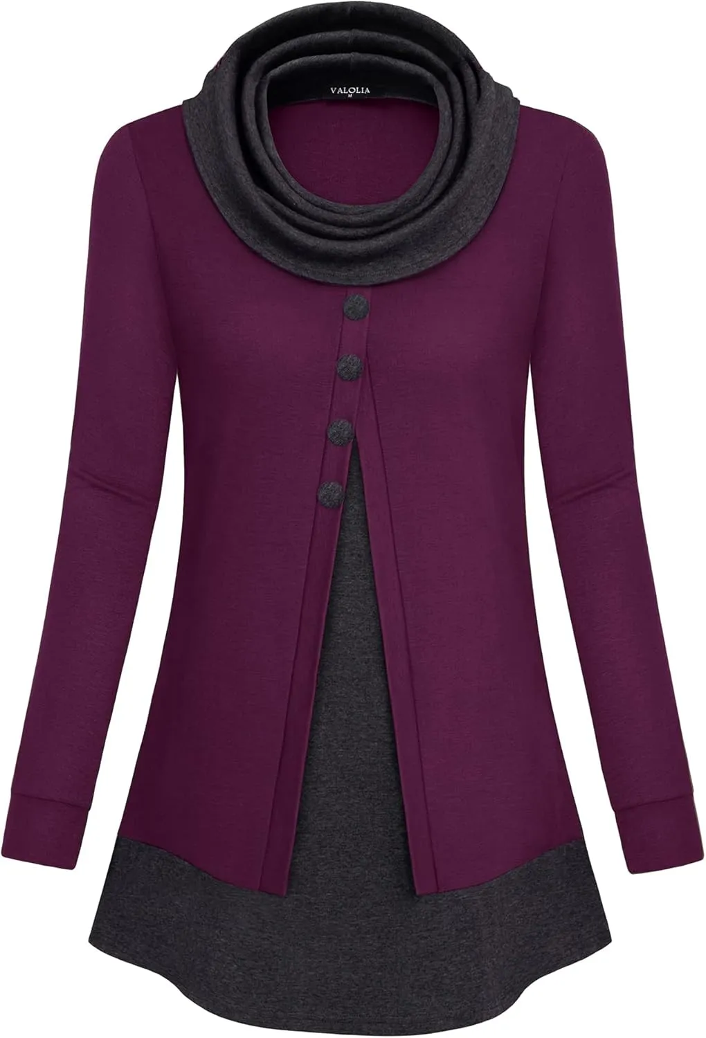 VALOLIA Womens Cowl Neck Long Sleeve Tunic Tops Button Casual Loose Shirts