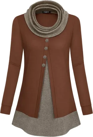 VALOLIA Womens Cowl Neck Long Sleeve Tunic Tops Button Casual Loose Shirts