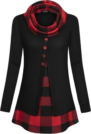 VALOLIA Womens Cowl Neck Long Sleeve Tunic Tops Button Casual Loose Shirts