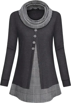 VALOLIA Womens Cowl Neck Long Sleeve Tunic Tops Button Casual Loose Shirts