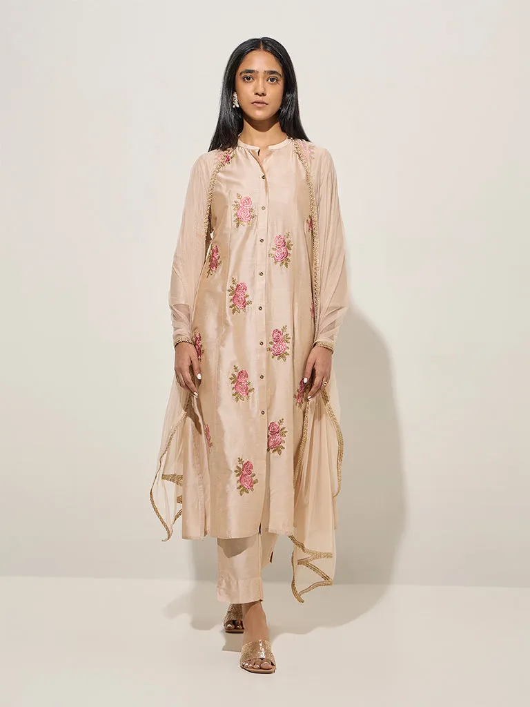 Vark Beige Embroidered A-Line Kurta, Pants and Dupatta Set