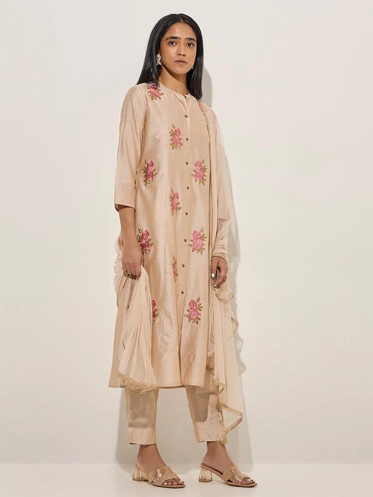 Vark Beige Embroidered A-Line Kurta, Pants and Dupatta Set
