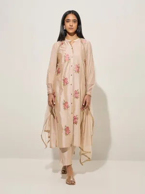Vark Beige Embroidered A-Line Kurta, Pants and Dupatta Set