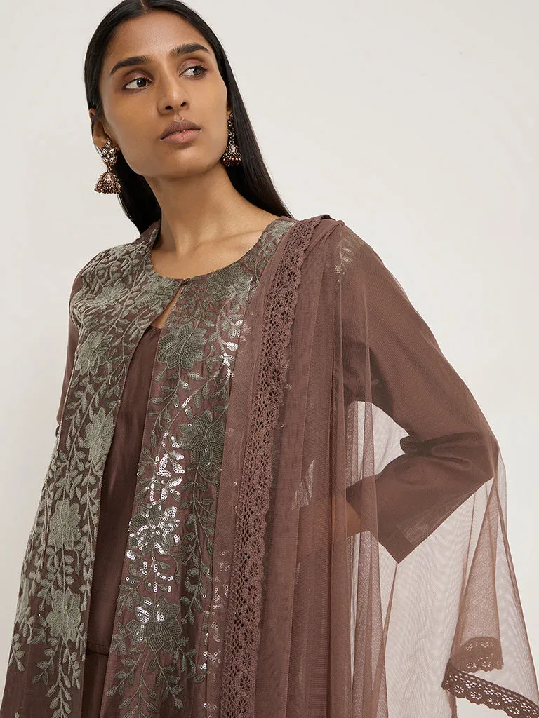 Vark Brown Cotton-Blend Kurta, Inner, Palazzos and Dupatta