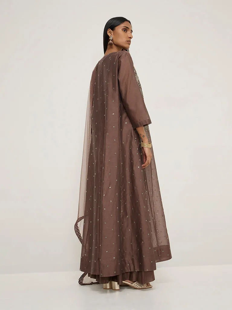 Vark Brown Cotton-Blend Kurta, Inner, Palazzos and Dupatta